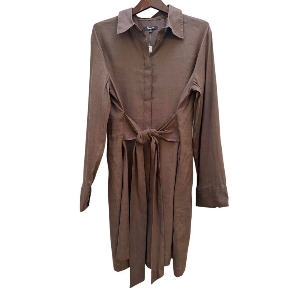 Madewell Brown Linen Blend Tie Waist Shirt Dress Long Sleeve Size 12